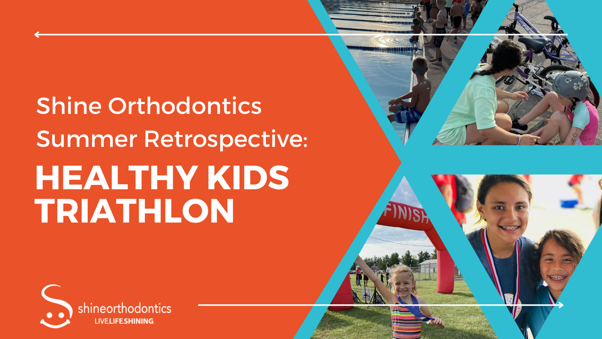 Multiple images of kids during the triathlon with text "Shine Orthodontics Summer Retrospective: Healthy Kids Triathlon"